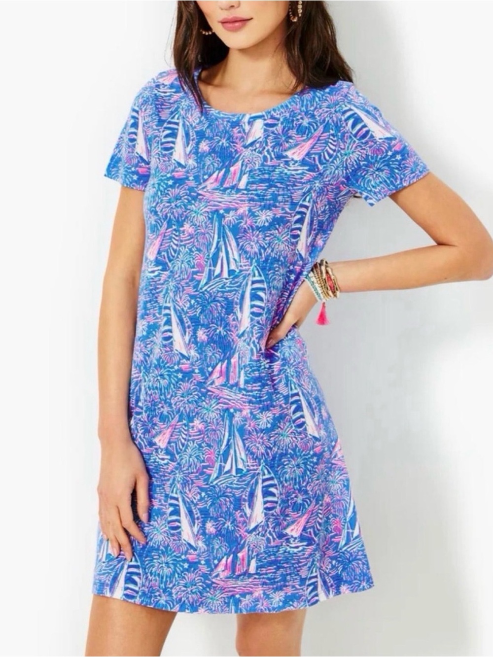 Lilly Pulitzer Cody T-Shirt Dress Blue Pink Sailboat Nautical Pima Cotton Small